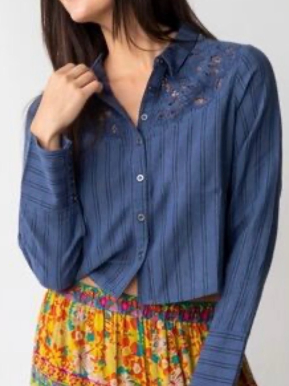 NATURAL LIFE Navy Blue Striped Embroidered Button-Down Shirt